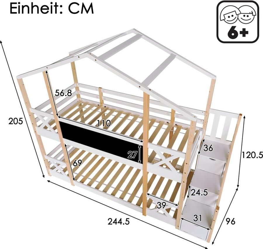 Merax Stapelbed 90x200 cm Kinderbed met Opbergruimte en Valbeveiliging Bed met Trap Wit