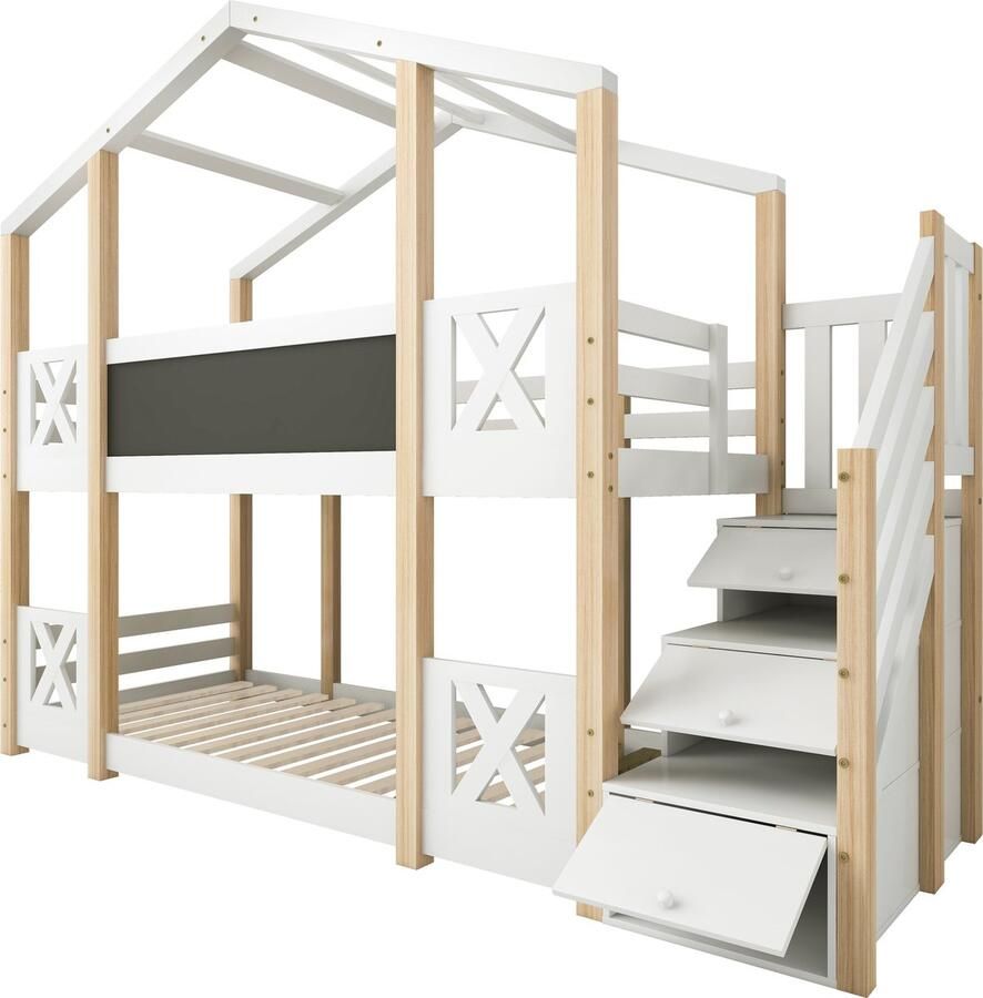 Merax Stapelbed 90x200 cm Kinderbed met Opbergruimte en Valbeveiliging Bed met Trap Wit - Foto 2