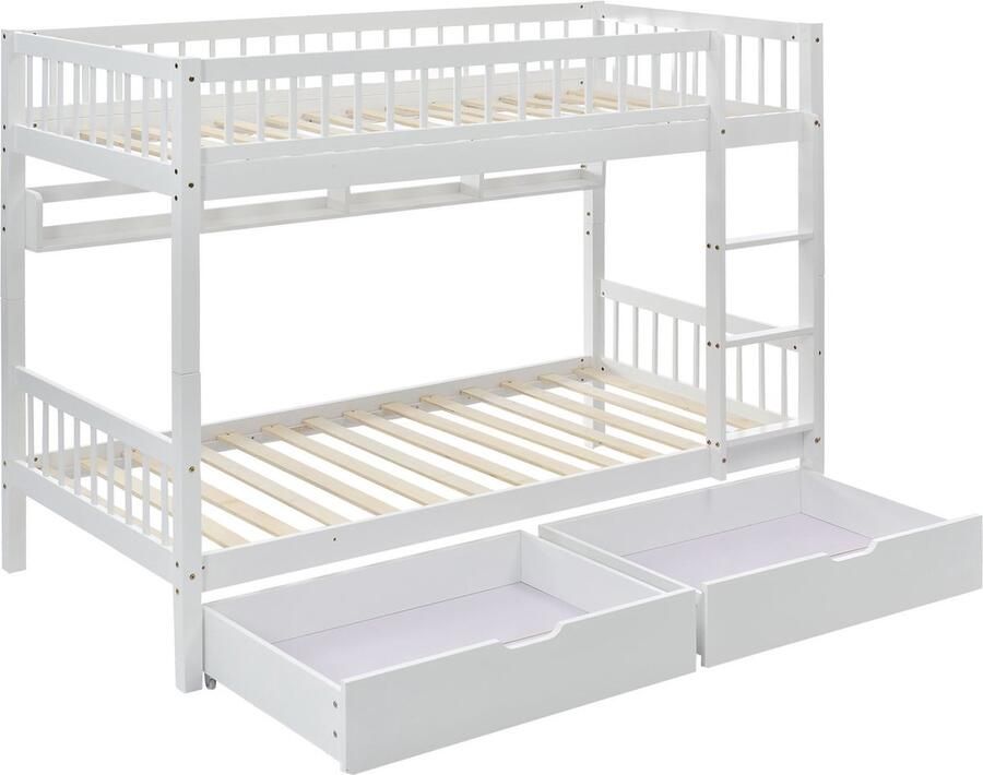 Merax Stapelbed – Kinderbed met Rechte Trap Opberglades en Veiligheidshek – Wit – 90x200 cm – Houten Frame