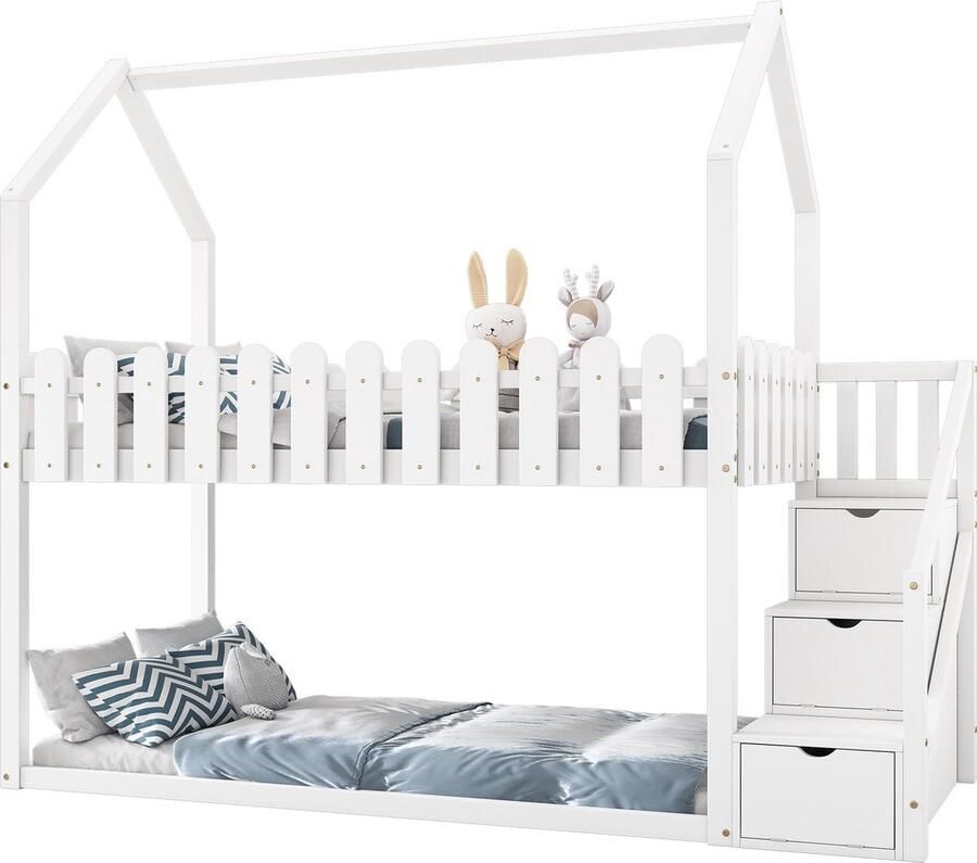 Merax Stapelbed 90x200 cm Kinderbed met Trap en Opbergruimte Eenpersoonsbed met Uitvalbeveiliging Wit