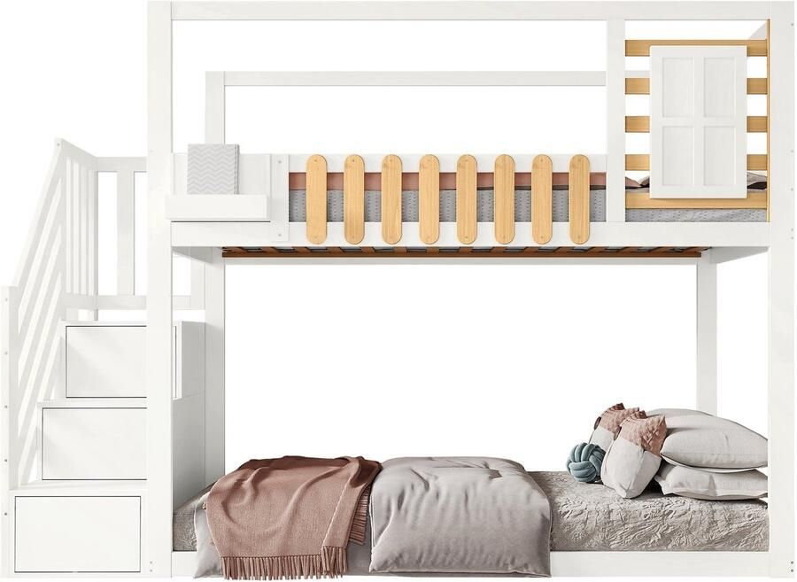 Merax Stapelbed 90x200 cm Kinderbed met Trap Opbergladen Vensterontwerp Massief Houten Frame met Valbeveiliging Wit