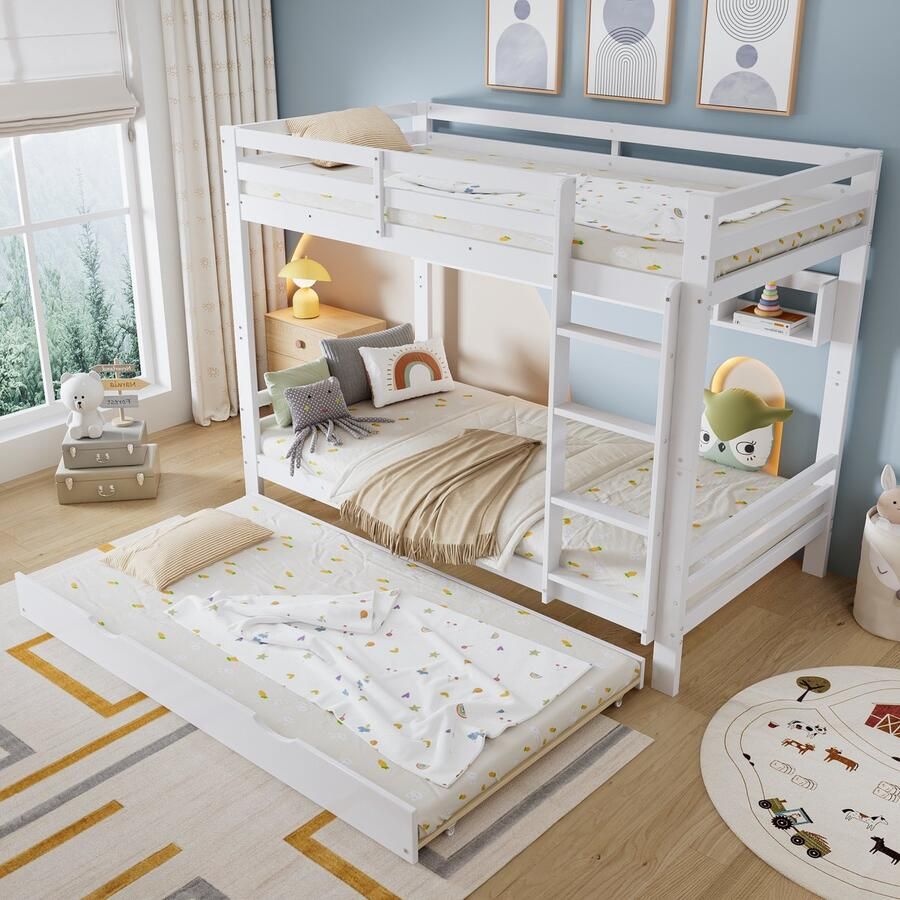 Merax Stapelbed 90x200 cm kinderbed met wielen en uitschuifbare bed voorzien van een rek van 2 meter lang wit zonder matras