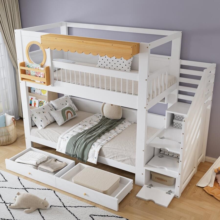 Merax Stapelbed 90x200 cm kinderbed met wielen voor opberglades met trapkast met opbergplanken natuurlijk wit zonder matras