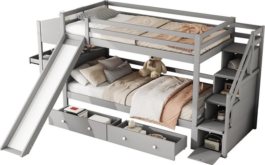 Merax Stapelbed 90x200 cm – Massief Houten Hoogslaper met Glijbaan Bureau Opbergleider en Opberglades Grijs