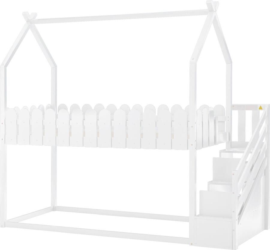 Merax Stapelbed 90x200 cm met 2 Lades en Uitvalbeveiliging Massief Houten Hoogslaper Kinderbed Wit