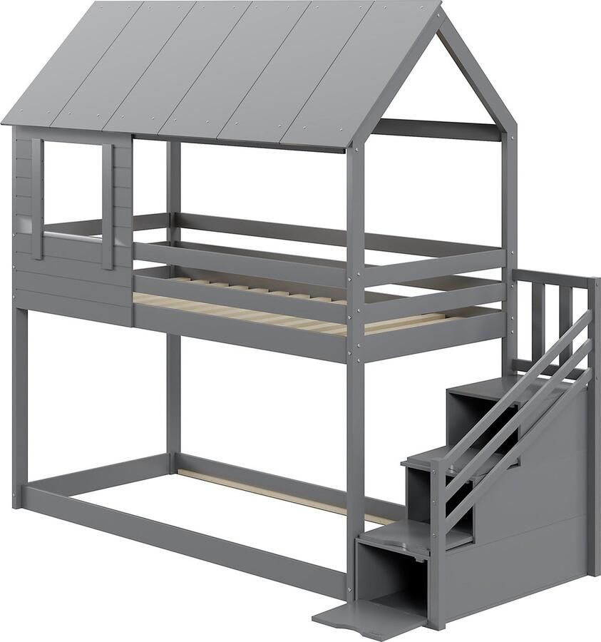 Merax Stapelbed 90x200 cm met Dak en Raam Eenpersoonsbed Hoogslaper met Opbergruimte Bed met Uitvalbeveiliging Grijs