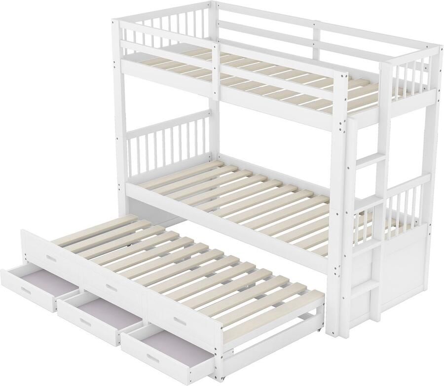 Merax Stapelbed 90x200 cm met Extra Uitschuifbaar Bed 90x180 en 3 Opberglades Kinderbed Wit