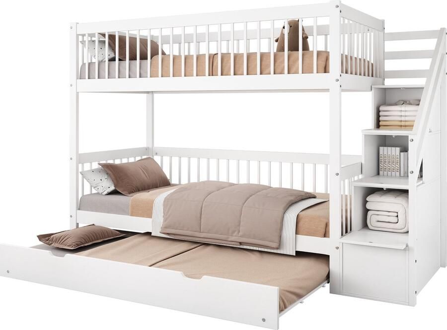 Merax Stapelbed 90x200 cm met Extra Uitschuifbaar Bed 90x190 cm Kinderbed voor 3 Personen met Trappenkast en Veiligheidshekken -Wit
