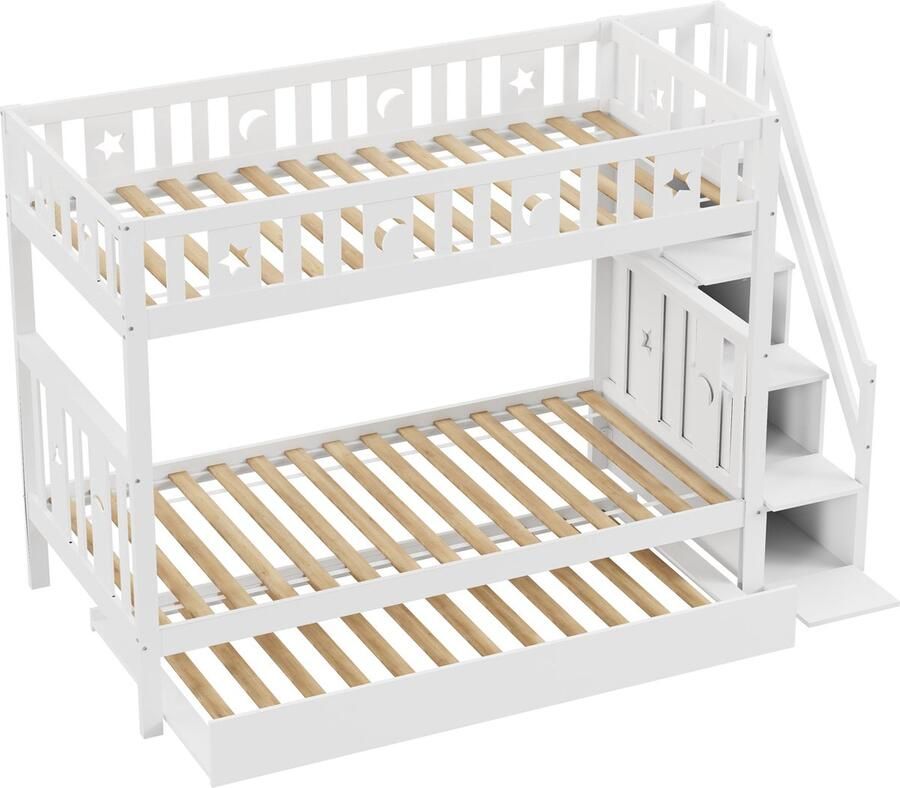 Merax Stapelbed 90x200 cm met Extra Uitschuifbaar Logeerbed 90x190 cm Hoogslaper Kinderbed met Opbergruimte en Uitvalbeveiliging Wit