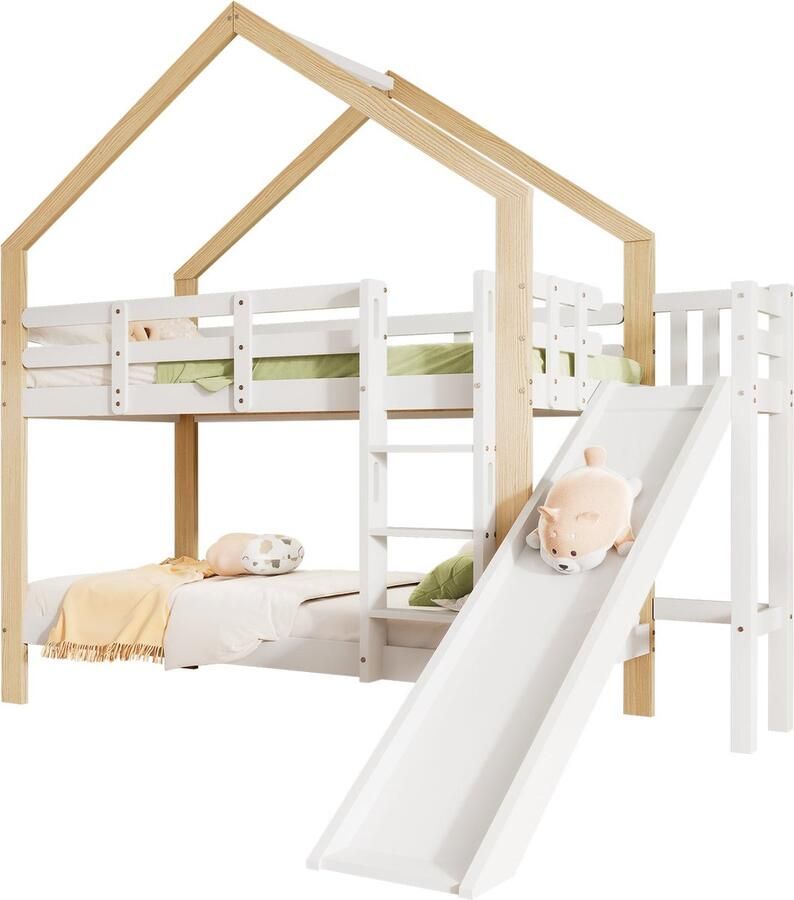 Merax Stapelbed 90x200 cm met Glijbaan en Ladder Huisbed met Uitvalbescherming Kinderbed Hoogslaper Bedframe van Massief Hout Wit met Naturel Hout Bruin