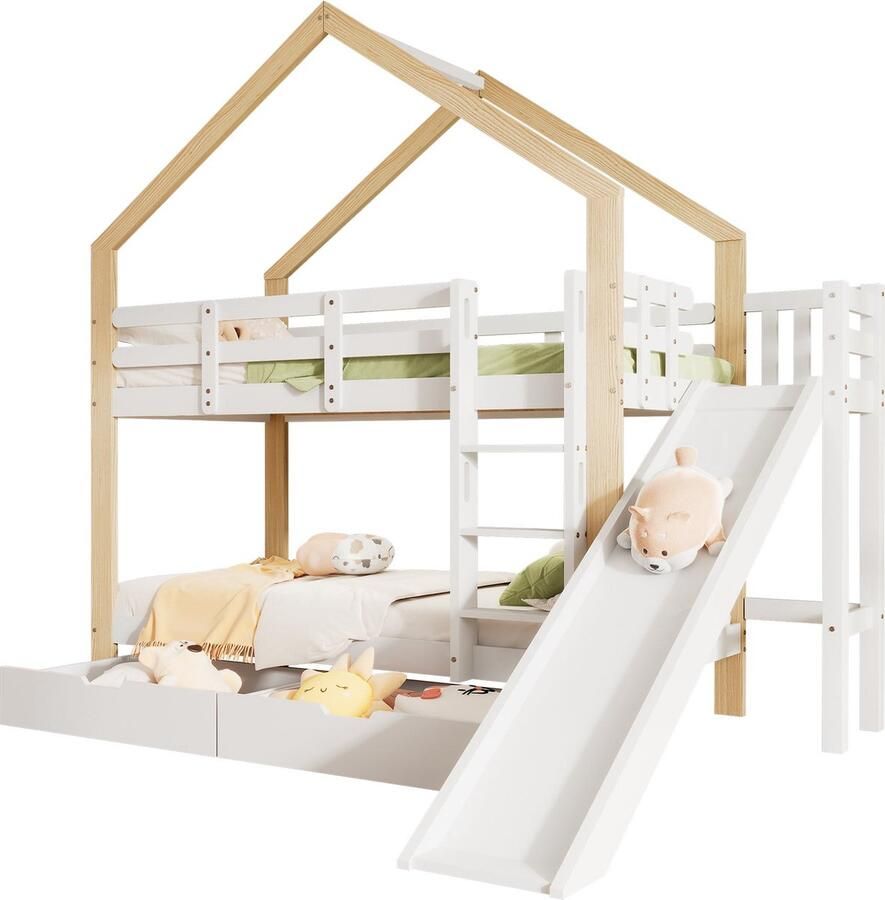 Merax Stapelbed 90x200 cm met Glijbaan en Ladder Huisbed met Uitvalbeveiliging en 2 Lades Hoogslaper Bedframe van Massief Hout Wit met Naturel Hout Bruin
