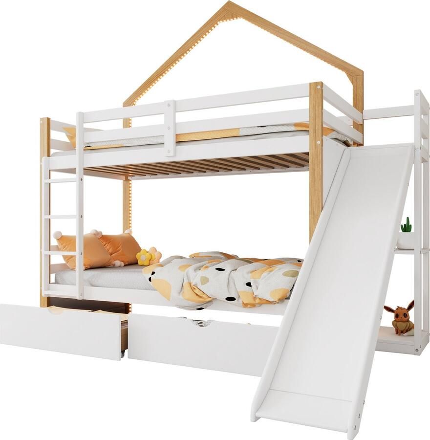 Merax Stapelbed voor Kinderen met Rutsche LED Lichtstrepen en Opbergruimte – 90x200 cm – Hout en MDF – Wit Natuurlijk – Met Vier Stappen en Schuifladen