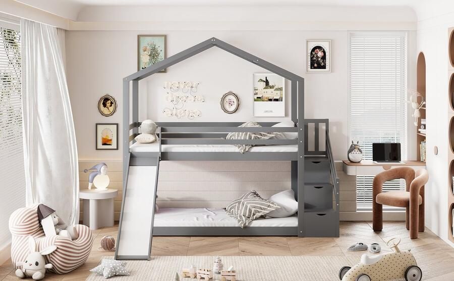 Merax Stapelbed 90x200 cm met Glijbaan en Uitvalbeveiliging Houten Kinderbed Hoogslaper met Opbergruimte Grijs