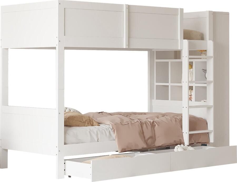 Merax Stapelbed 90x200 cm met Grote Opbergruimte – Kinderbed met Schuifladen Kasten en Veiligheidshek Jeugdbed in Wit