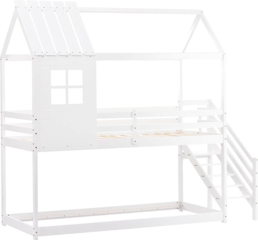 Merax Stapelbed 90x200 cm met Hoektrap en Uitvalbeveiliging Huisbed met Raam en Dak Kinderbed Wit