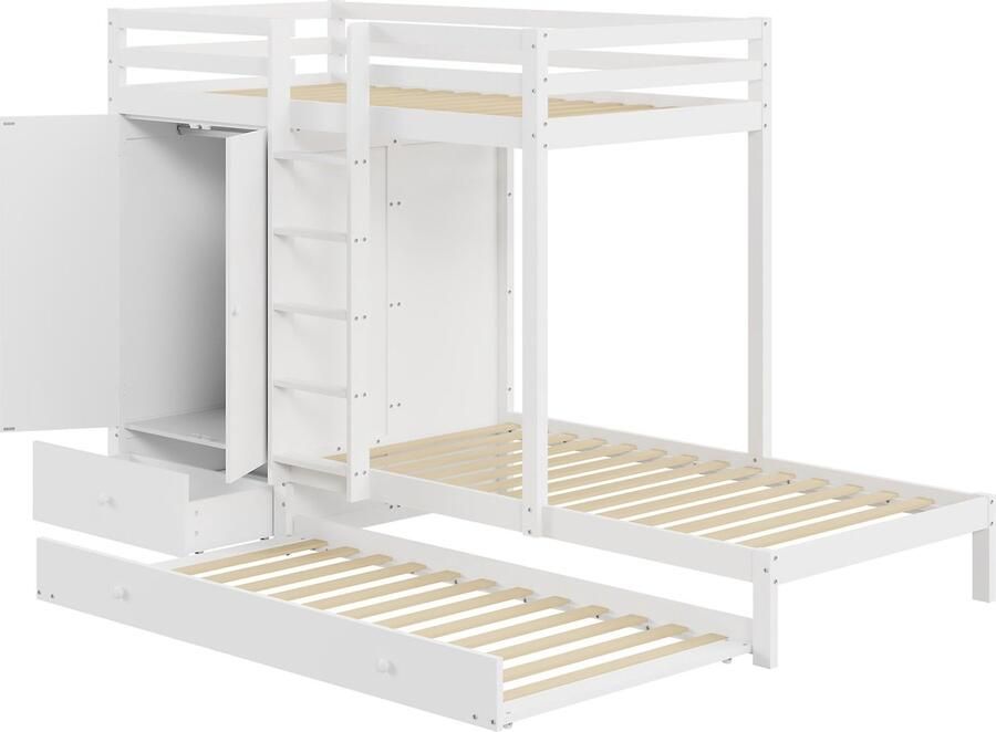 Merax Stapelbed 90x200 cm met Uitschuifbaar Bed 90x190 Multifunctioneel Kinderbed met Kledingkast en Lades Wit