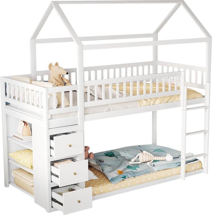 Merax Kinder Stapelbed 90x200 cm Huisvormig Design Bed met Veiligheidshek met Kast en Planken Hoogslaper met Ladder Massief Houten Frame Wit