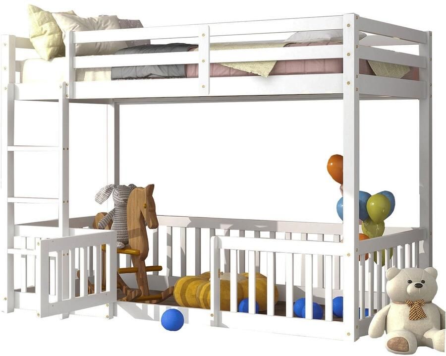 Merax Stapelbed 90x200 cm met Ladder en Uitvalbeveiliging Kinderbed Hoogslaper met Veiligheidshekken en Deur Massief Hout Wit