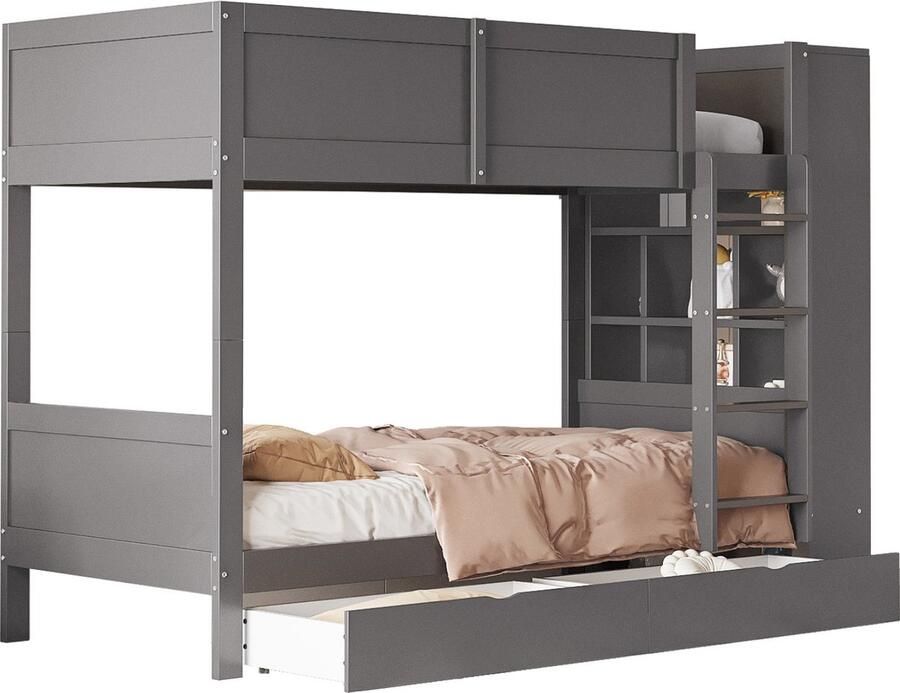 Merax Stapelbed 90x200 cm met Lades en Kast Kinderbed Hoogslaper met Veiligheidshekje Grijs