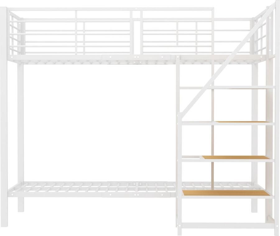 Merax Stalen Stapelbed 90x200 cm met Opbergladder Veiligheidsleuningen en Dubbele Slaapplek Wit Kinderbed en Tienerbed