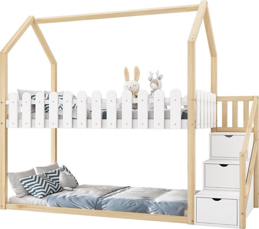 Merax Stapelbed 90x200 cm met Opbergruimte Houten Hoogslaper Kinderbed met Uitvalbeveiliging Wit met Houtbruin