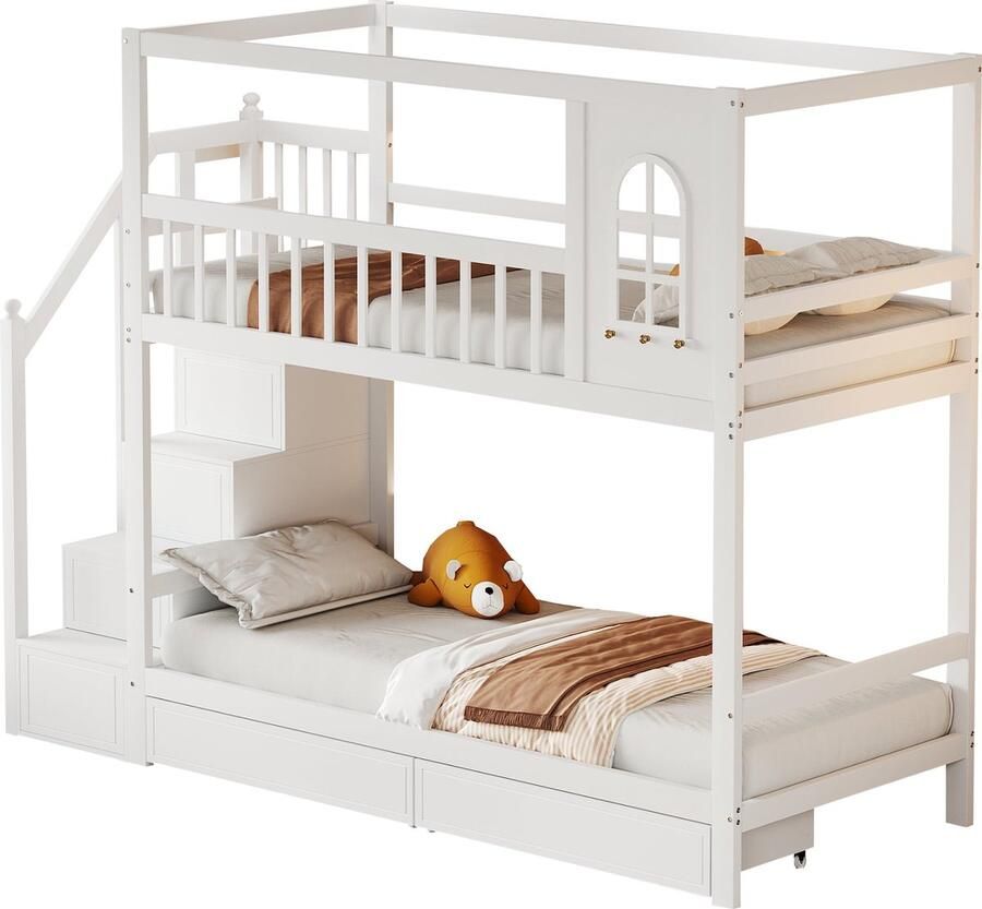 Merax Massief Houten Kinder-Etagenbed 90x200 cm in Huisvorm met Schuifladen en Veiligheidshek – Inclusief Ladder met Opbergruimte – Tienerbed in Wit en Houtkleur