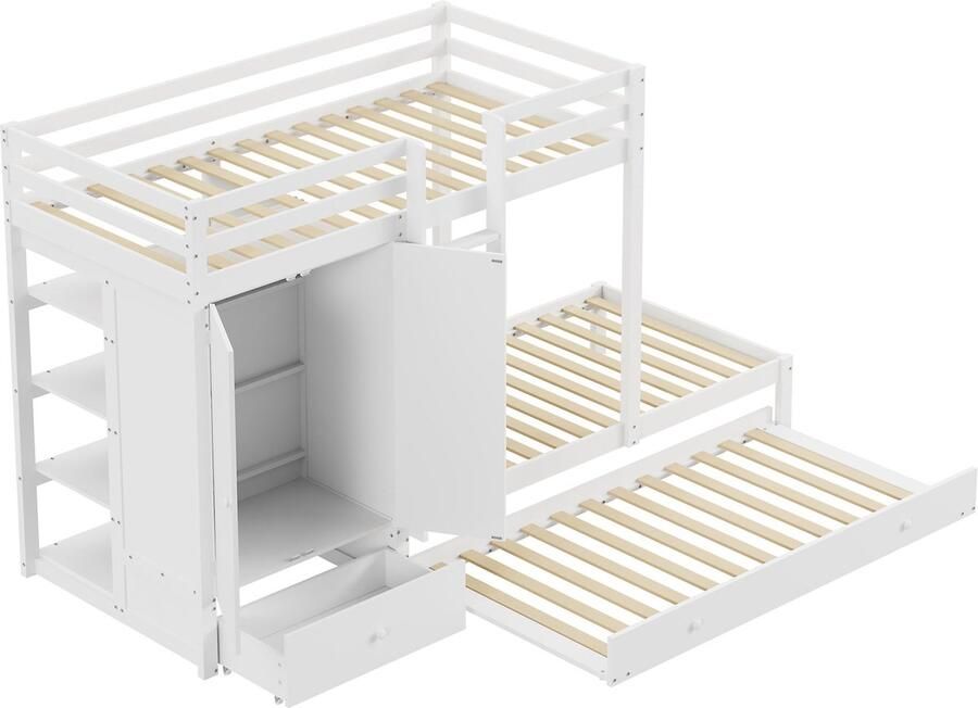 Merax Stapelbed 90x200 cm met Uitschuifbaar Bed 90x190 Multifunctioneel Kinderbed met Kledingkast en Lades Wit - Foto 2
