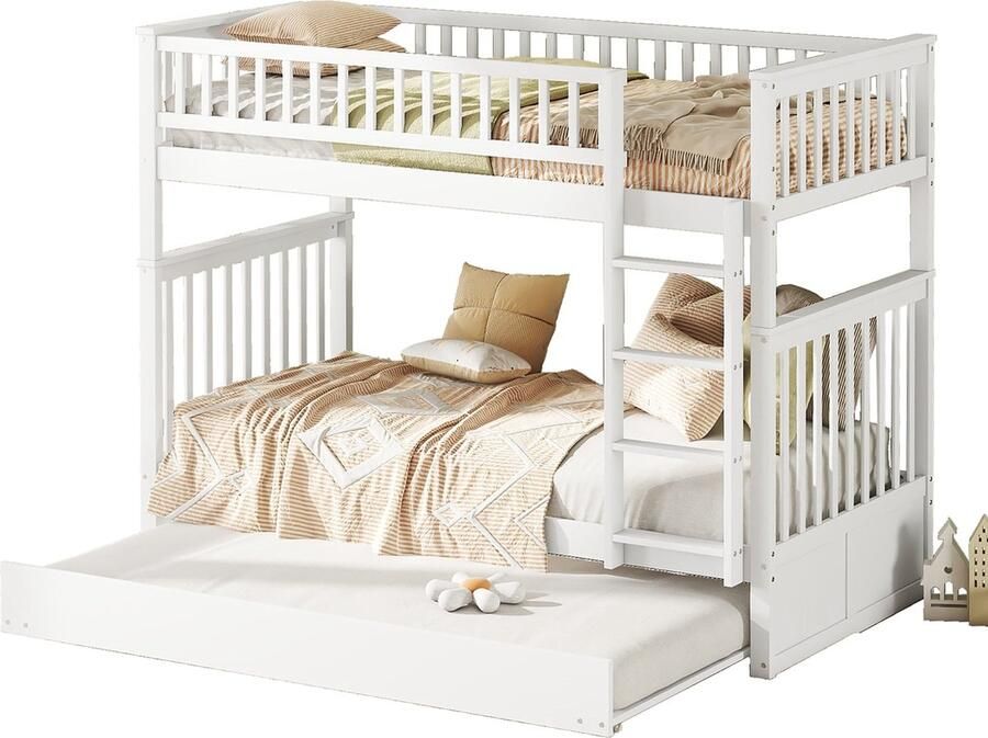 Merax Stapelbed 90x200 cm met Uitschuifbed 90x190 – Massief Hout – Driepersoons Kinderbed met Trap en Hoge Reling – Wit