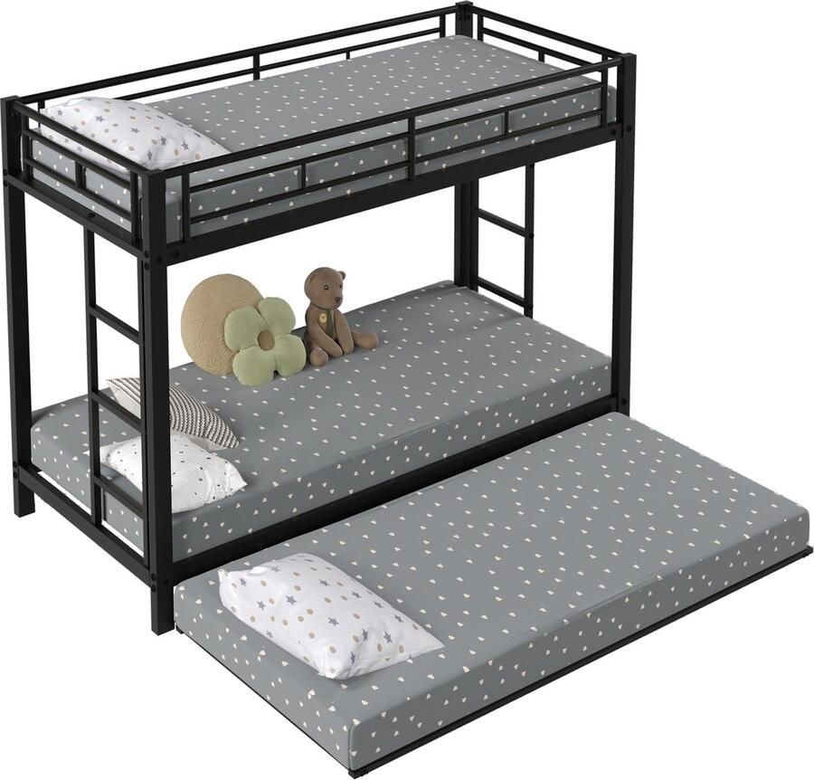 Merax Stapelbed 90x200 cm met Uittrekbed – Kinderbed – Stalen Bedframe – Hoog Veiligheidshek – EN747 Gecertificeerd – Zwart