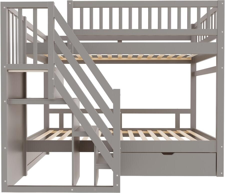 Merax Stapelbed 90x200 cm met veiligheidsleuning veiligheidsladder met opbergruimte met opberglades kinderbed grijs zonder matras