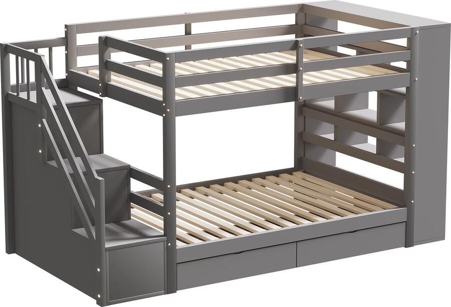 Merax Stapelbed 90x200 cm Met Veiligheidstrap Opslaglades Grote Kasten Hekconstructie en Lattenbodem Kinderbed Tienerbed Grijs