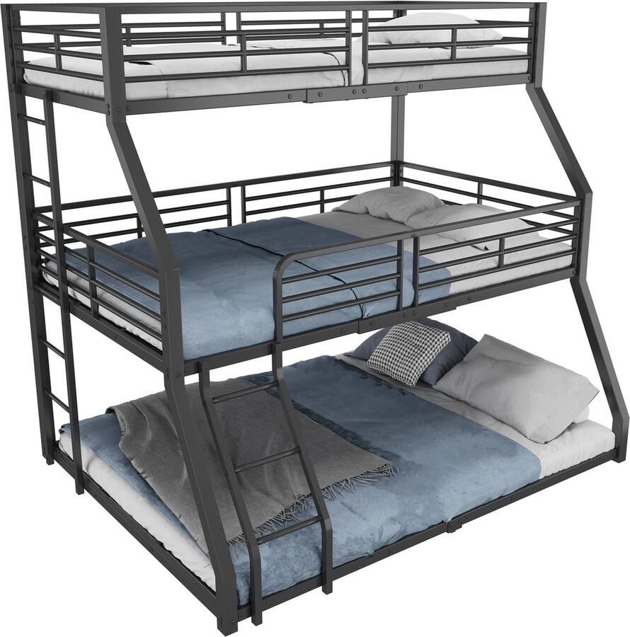 Merax Stapelbed 90x200 cm Metalen Driepersoons Stapelbed met Stevig Frame Inclusief Veiligheidsleuningen en Trap Zonder Matras Zwart