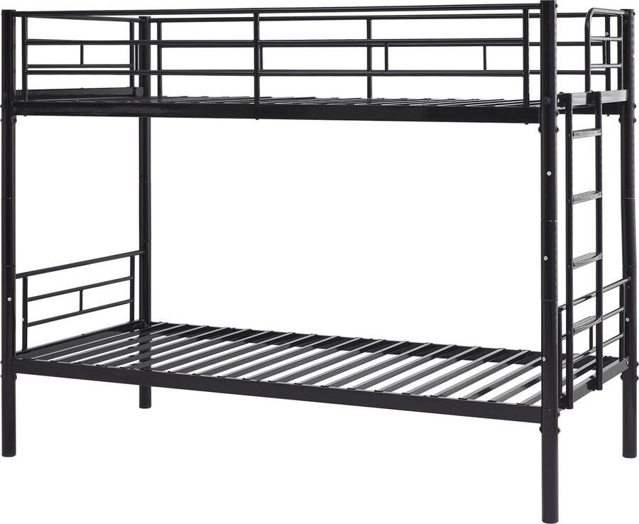 Merax Stapelbed 90x200 cm Stapelbed voor Kinderen Om Te Bouwen Naar 2 Eenpersoonsbedden Met Metalen Frame Houten Lattenbodem Veiligheidshek Antislip Trap Zwart