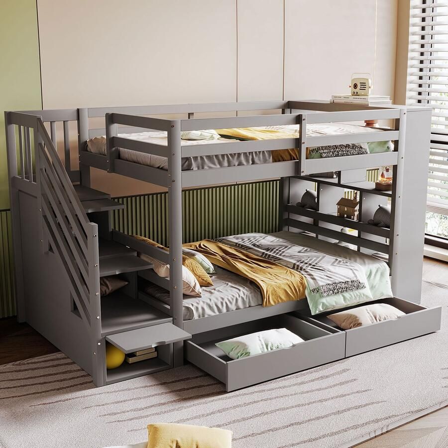 Merax Stapelbed 90x200 cm veiligheidstrap met opbergvak opberglades en kluisjes hoge schuttingstructuur kinderbed grijs zonder matras