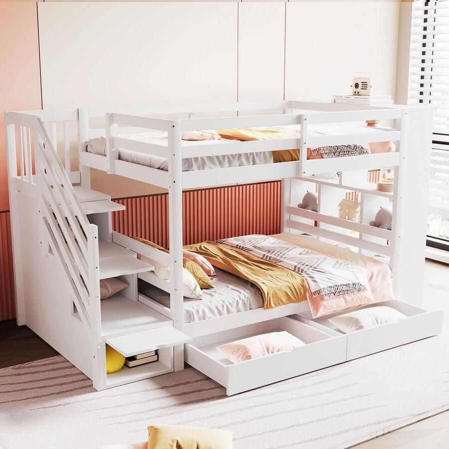 Merax Stapelbed 90x200 cm veiligheidstrap met opbergvak opberglades en kluisjes hoge schuttingstructuur kinderbed wit zonder matras