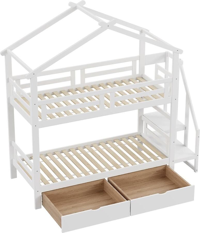 Merax Stapelbed 90x200 cm voor 2 Personen met 2 Lades Kinderbed in Huisvorm met Opbergruimte Houten Hoogslaper Bed Wit