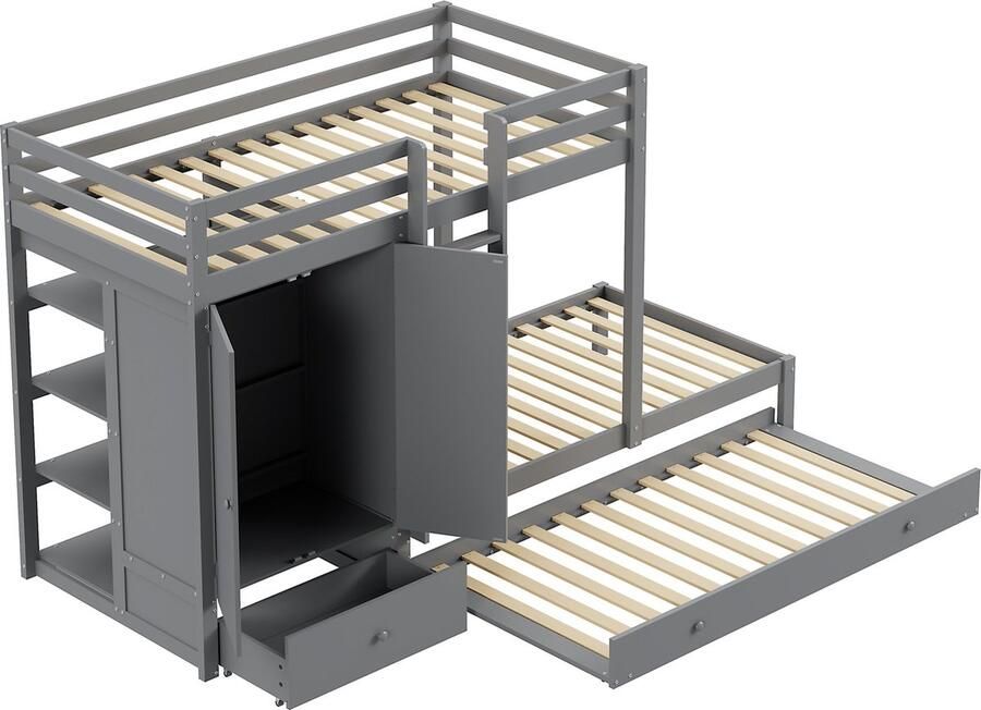 Merax Stapelbed 90x200 cm voor 3 Personen Bed met Kledingkast en Opberglades Hoogslaper Kinderbed met Uitschuifbaar Bed 90x190 cm Grijs