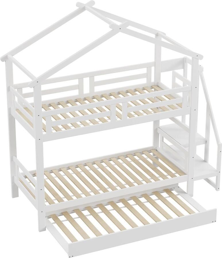 Merax Stapelbed 90x200 cm voor 3 Personen met Opbergruimte Houten Kinderbed met Extra Uitschuifbaar Bed 90x190 cm Wit