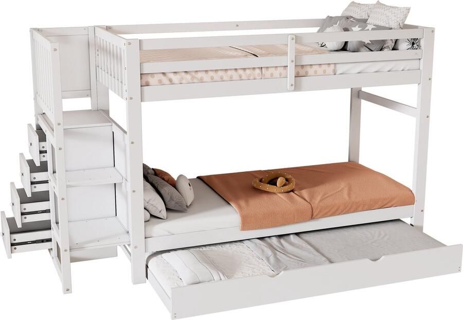 Merax Stapelbed 90x200 cm voor 3 Personen met Uitschuifbaar Bed 90x190 cm Hoogslaper Kinderbed met 4 Lades en Opbergruimte Wit