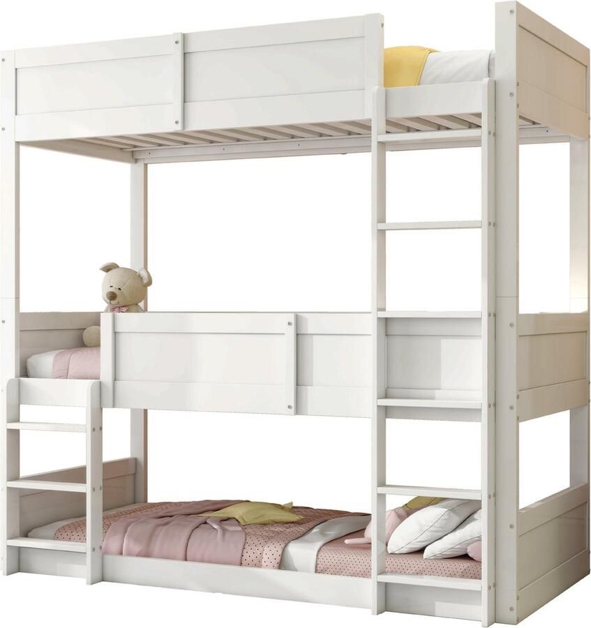 Merax Stapelbed 90x200 cm voor Kinderen 3-laags Houten Bed met Veiligheidshekken Modulair Bed voor Jongens en Meisjes Wit