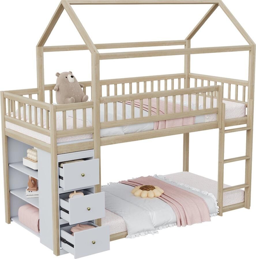 Merax Stapelbed 90x200 cm voor Kinderen Huisvormig Design Bed met Veiligheidshek met Kast en Planken Hoogslaper met Ladder Massief Houten Frame Hout Bruin met Wit