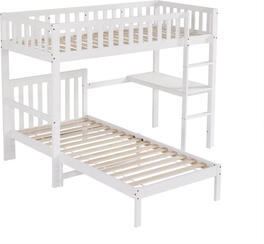Merax Stapelbed 90x200 cm voor Kinderen met Bureau Drie-traps Ladder en Veiligheidshekken Hout + MDF Wit