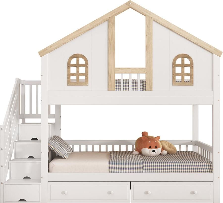 Merax Stapelbed 90x200 cm Kinderbed met Veiligheidshekje en Lades Bed met Trap Inclusief Opbergvakken Wit met Bruin