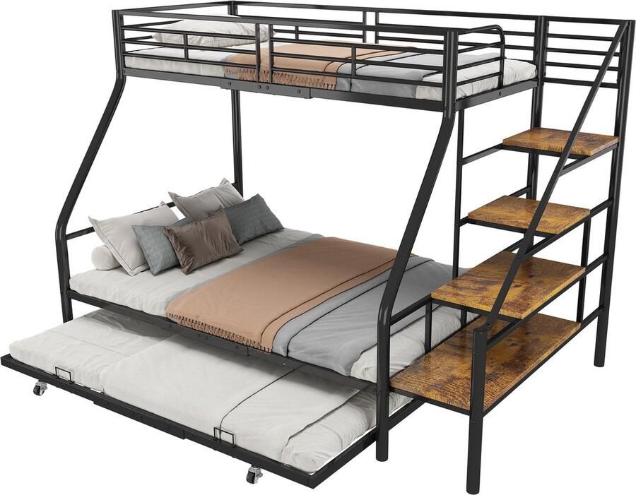 Merax Stapelbed 90x200 cm Metalen Bedframe met Uittrekbaar Bed Inclusief Opbergtrap Geschikt voor Kinderen Tieners en Volwassenen Zwart