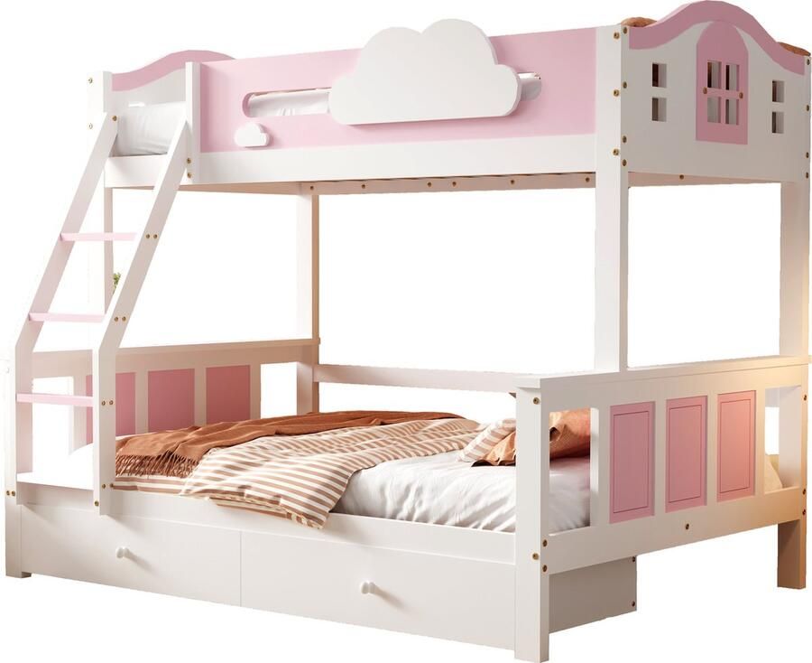 Merax Stapelbed voor Kinderen met Kleuraccenten Raamdecoratie en Wolkendetails Inclusief Schuine Trap en Opberglades Hout + MDF Wit + Roze 90x200cm & 120x200cm