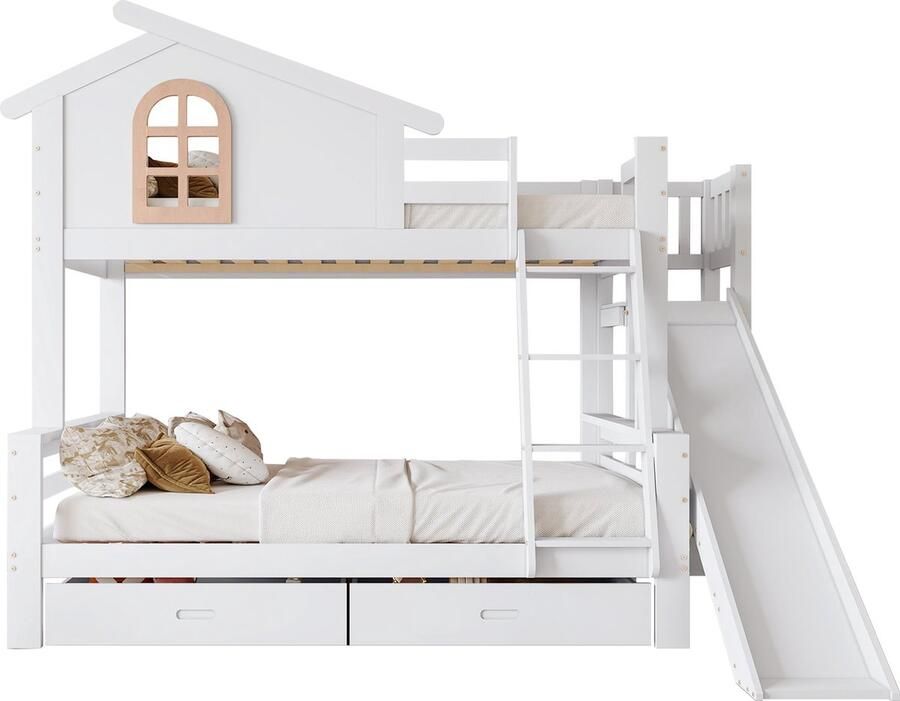 Merax Stapelbed 90x200 & 120x200 cm Kinderbed met Ramen Schuine Trap Glijbaan en Opberglades Wit Massief Hout