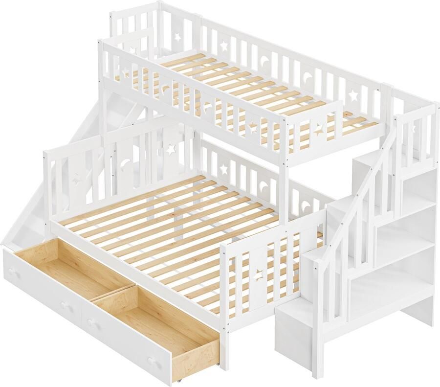 Merax Kinderbed 90x200 140x200 cm – Massiefhouten Stapelbed met Glijbaan Opbergruimte en Twee Grote Laden Wit - Foto 2