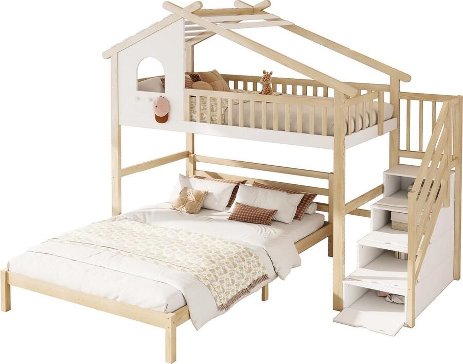 Merax Stapelbed 90x200 en 140x200 – Houten Kinderbed met Opbergruimte in Trap – Wit met Bruin
