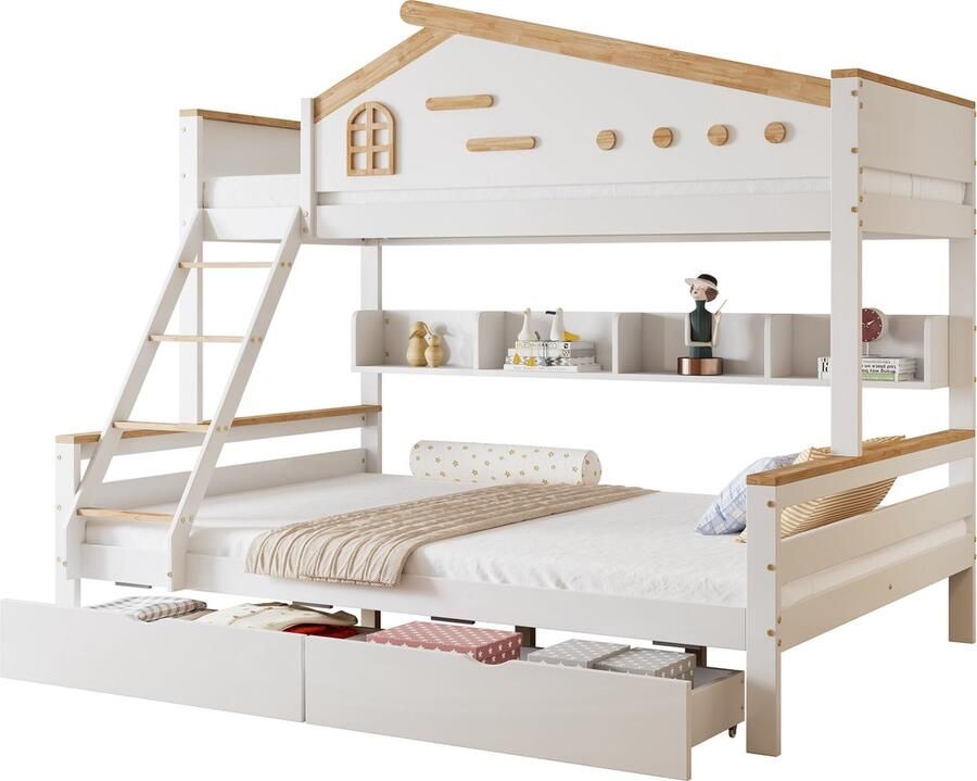 Merax Stapelbed voor Kinderen Tweepersoonsbed met Opbergruimte Inclusief Schuine Ladder Schuifladen Open Rek Hout en MDF Wit en Naturel 90x200 cm & 140x200 cm