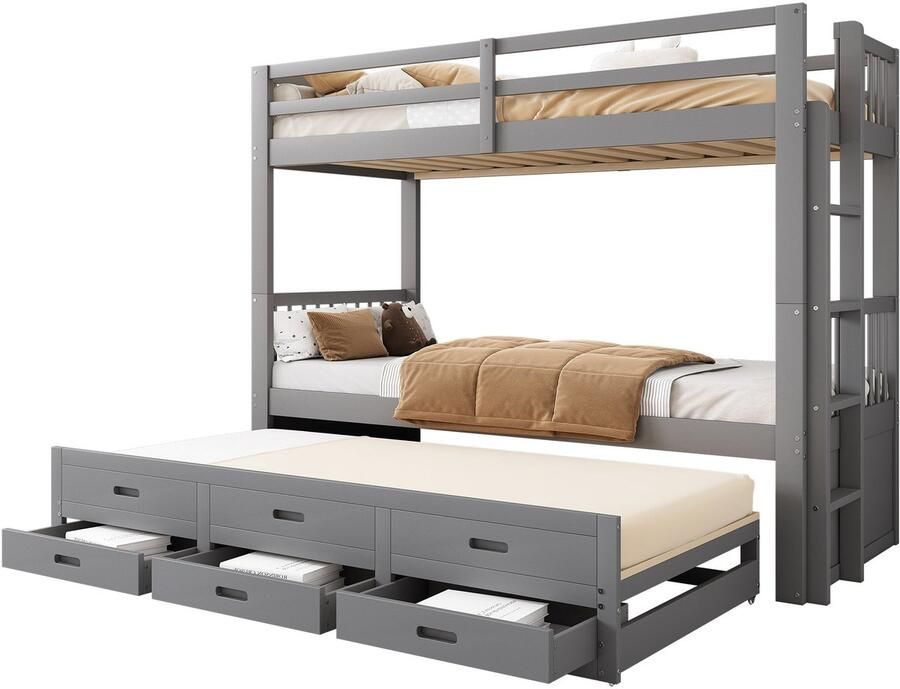 Merax Stapelbed 90x200cm Kinderbed in Huisvorm met Uitklapbaar Bed en 3 Opberglades Kiefern- en MDF Hout Grijs